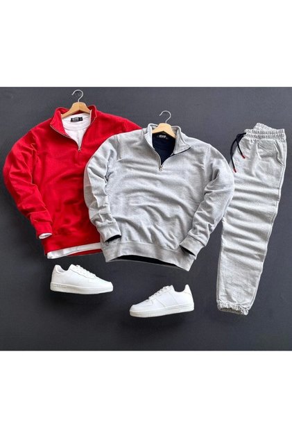 3-Piece Set Half-Zip Cotton Red Sweatshirt-Grey Sweatshirt Cotton Gray Sweatpants Set Bottom Top 3