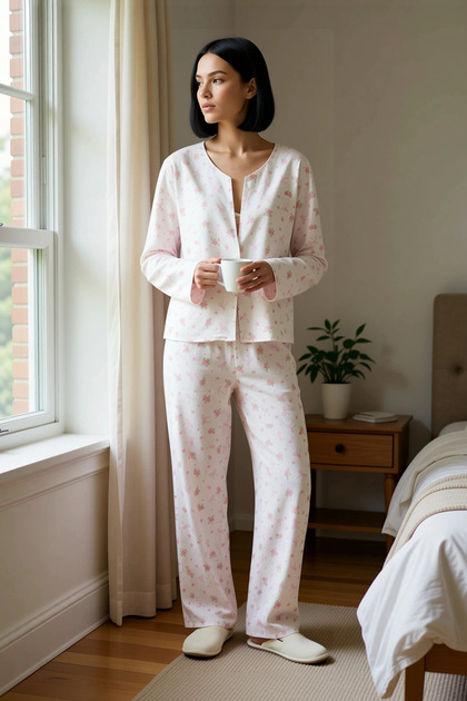 Women's Muslin Woven V-Neck Long Sleeve Regular Fit Pajama Set Functional Stylish 100% Cotton