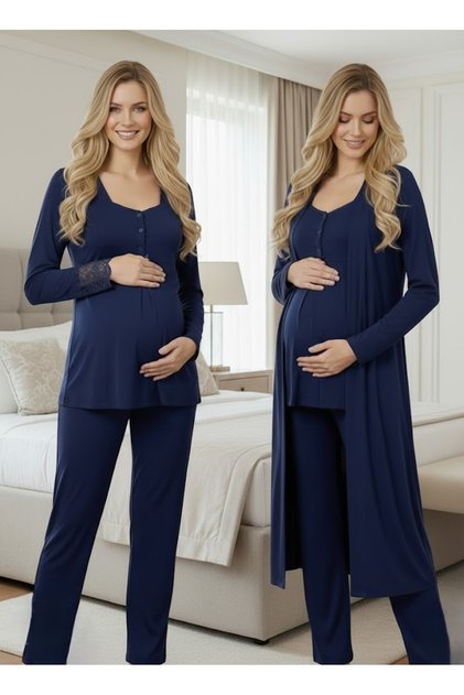 New Season Navy Blue 100% Cotton Special Design Long Sleeve Maternity Pajama Set