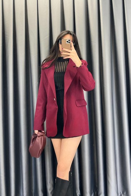 Double Single Button Blazer Jacket - Burgundy Bordo