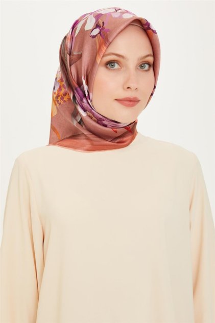 Çiçek Desenli Twill Saf İpek Eşarp 9215D 34 33