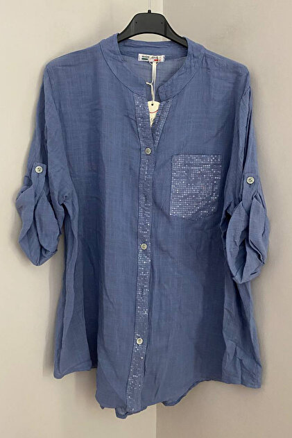 Women's Italian Indigo Placket Collar Sequin Detailed Pocket Foldable 3/4 Sleeve 100% Cotton Linen Shirt