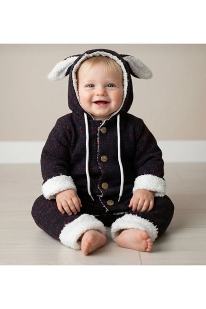 Unisex Baby Hooded Ear Detailed Plush Lined Thick Winter Welsoft Jumpsuit Black
