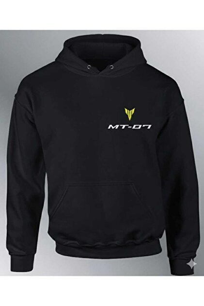 Unisex Kadın/Erkek MT-07 Baskılı Kapüşonlu Siyah Sweatshirt