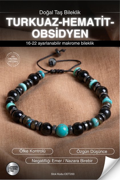 Certified Turquoise-Hematite-Obsidian Natural Stone Macrame Bracelet Odt200