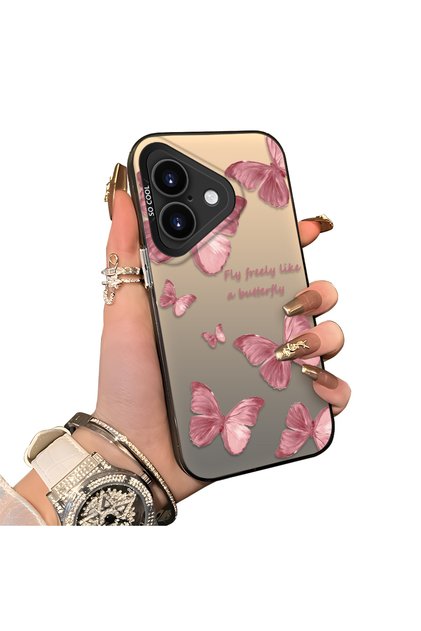 iPhone 16 Uyumlu Sert Akrilik Arka Silikon Kenar Lens Koruma Kelebek Kılıf