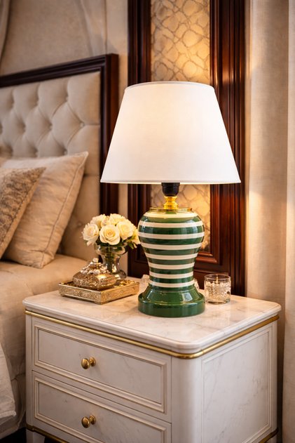 Abajur Aydınlatma Şah Yeşil Klasik Zebra Beyaz Şapka Gold - Feray Home