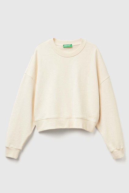 Ecru Women's / Girls' Kdn_100% Cotton Ribbed Detailed Crew Neck Sweatshirt Model Code: (3Unid109A3C9)