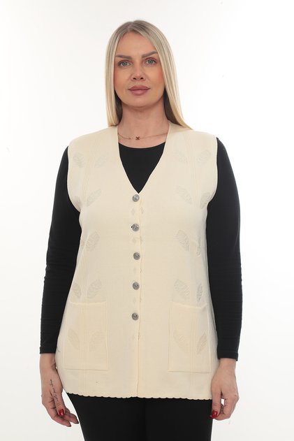 Women's Knitwear Pocketed Winter Thick Leaf Patterned Mother's Vest