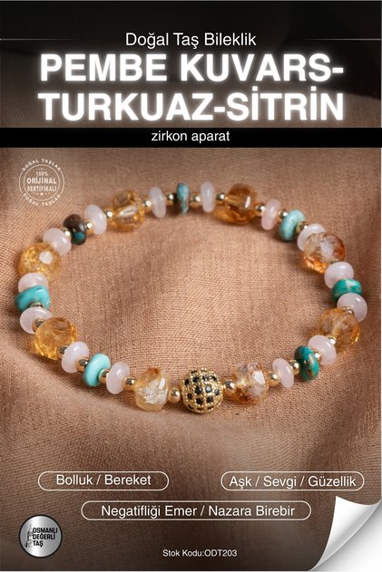 Certified Pink Quartz-Turquoise-Citrine Natural Stone Zircon Apparatus Bracelet Odt203