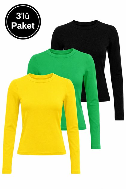 Kadın Siyah-Sarı-Yeşil 3'lü Paket Bisiklet Yaka Esnek Kumaşlı Vücuda Oturan Slim Fit Uzun Kollu Crop
