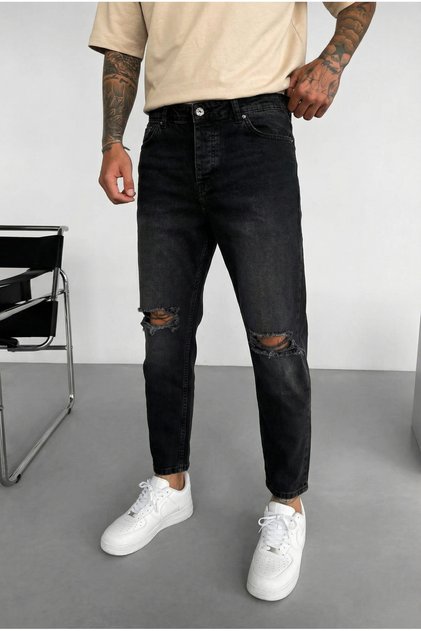 Boyfriend carrot fit ripped detail smoke grey washed denim men's jeans trousers Mz325