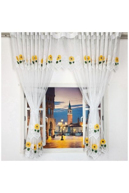 Set perdea de bucatarie, Model 51136, 200cm x 150 H, Alb