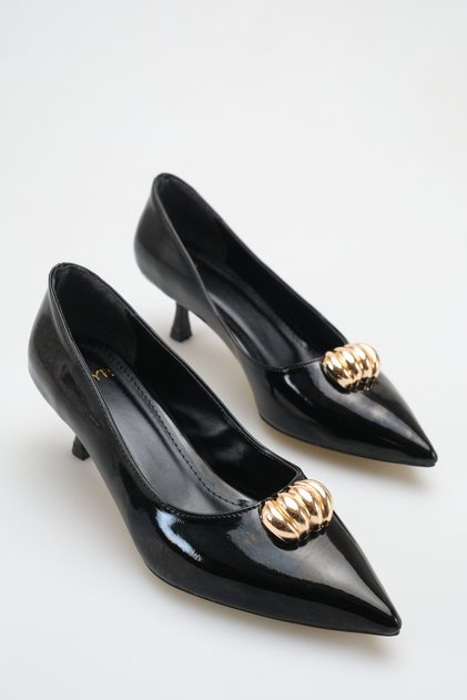 Women's Buckle Detailed Heeled Shoes Black Patent Leather