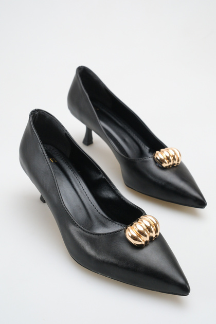 Women's Buckle Detailed Heeled Shoes Black Skin
