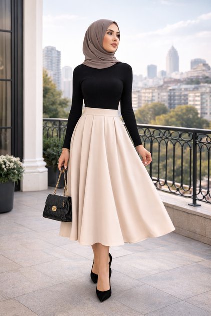 Winmoda Double Kumaş Pileli Tesettür Etek Yarım Fermuarlı Yüksek Bel 95/96 CM