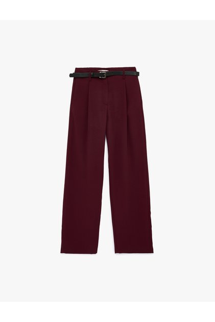Crepe Fabric Pleated Detailed Pocketed Belted Straight Leg Trousers