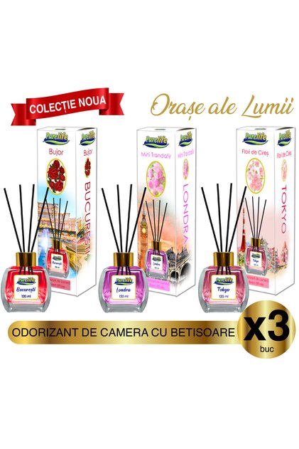 Parfum de cameră Pure Life Bujor Bujor București, Mini Trandafiri Londra și Flori de Cireș Tokyo, pachet de 3, 120 ml
