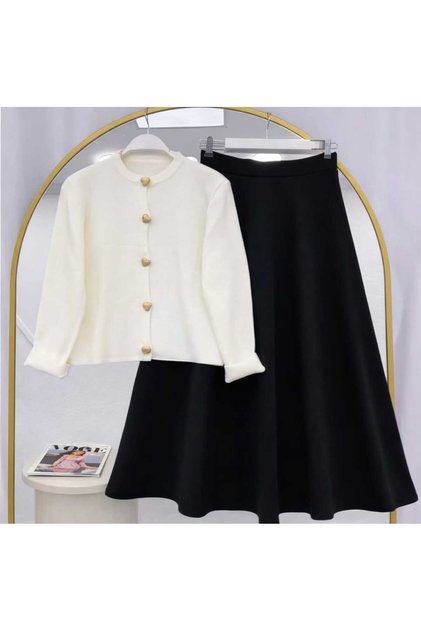Women's Button Detailed Knitwear Cardigan - Puff Scuba Skirt Set