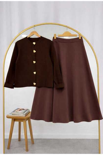 Women's Button Detailed Knitwear Cardigan - Puff Scuba Skirt Set
