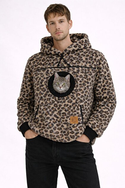 Tüylü 【Leopar】Kanguru Cepli Unisex Kadın Erkek Kapüşonlu