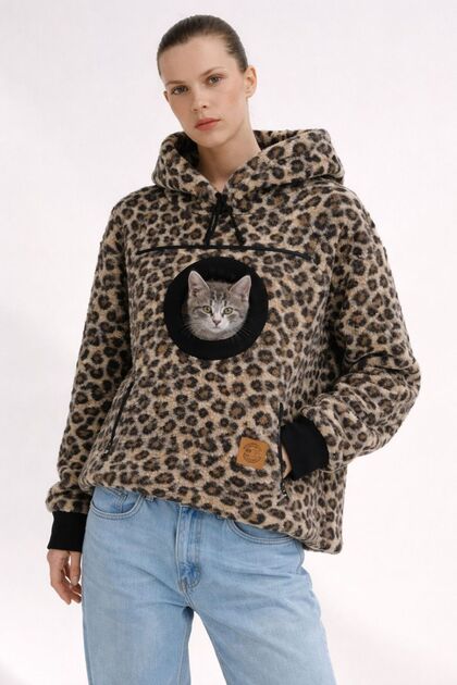 Tüylü 【Leopar】Kanguru Cepli Unisex Kadın Erkek Kapüşonlu