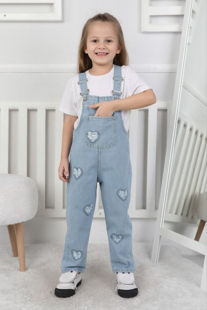 Denim Salopet Girl's Jumpsuit with Heart Embroidery Detail