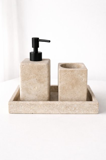Doğal Traverten Taş Banyo Seti – Sıvı Sabunluk ve Diş Fırçalık | Minimal Lüks Tasarım