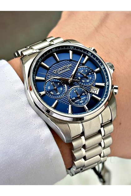 Functional Silver-Navy Blue Color Sapphire Glass Steel Band Steel Case Men's Wristwatch 1238Mr