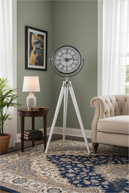 Tripod Ayaklı Krom Beyaz Dekoratif Saat
