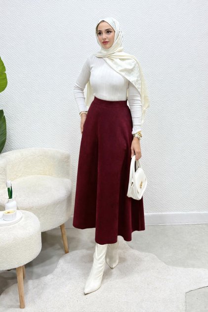 Kışlık Süet Tesettür Etek- Bordo