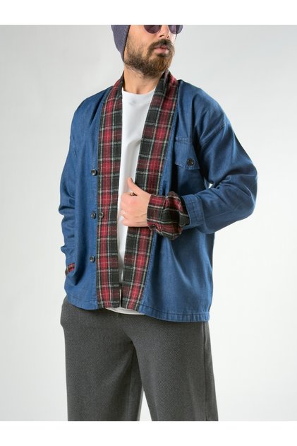 Design plaid detailed men's denim jacket coc2750