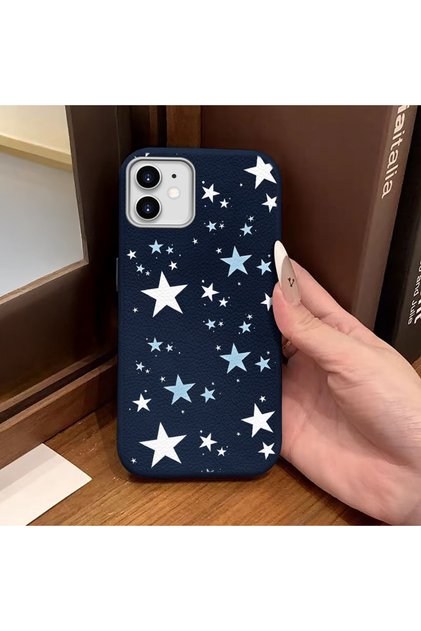 iPhone 11 Compatible Blue Leather Textured Silicone Protects Camera Shock-Absorbing Case Pentagonal Star