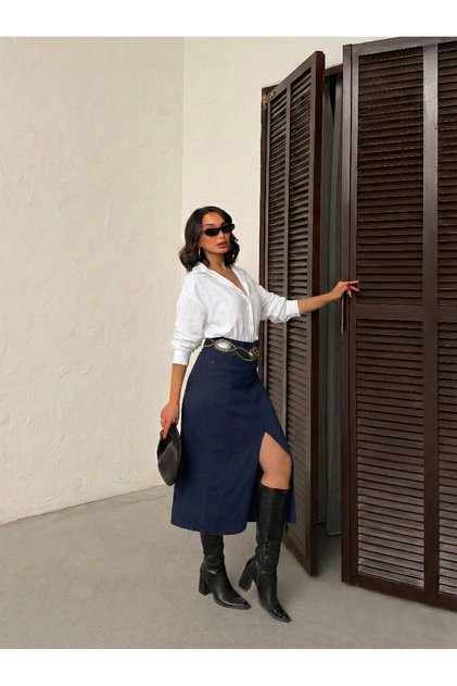 Skirt with Cut-Out End Navy Blue Front Slit Ke Linen Single