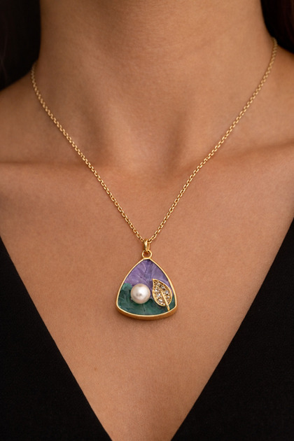 Pearl Detailed Colorful Stone Steel Women's Necklace – Gold Color Elegant Design
