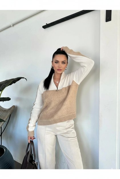 Creme - Beiger Pullover mit Reißverschluss - 241125