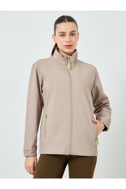 Women Beige Windbreaker Contrast Zip Jacket
