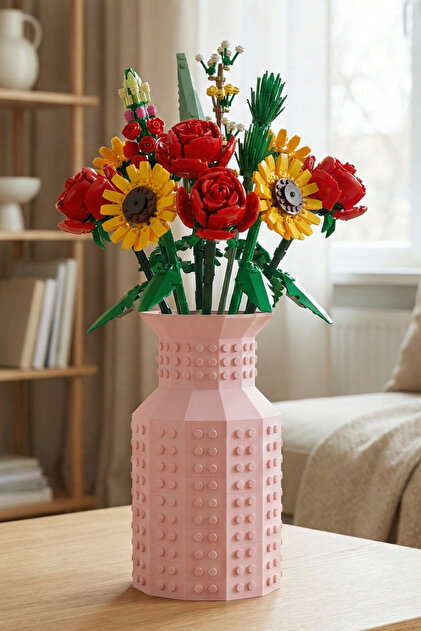 Lego Flower Compatible Special Design Decorative Vase Bioplastic Pastel Pink (Flowers Not Included)