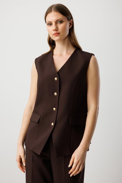 V-Neck Vest with Flap Pockets Brown