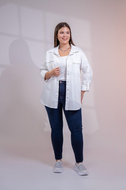 Plus Size Women's Pocket Zipper Shirt White