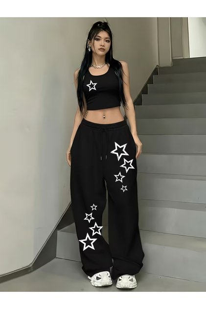 Women's Yıldız Printed Crop - Wide Leg Tracksuit Set