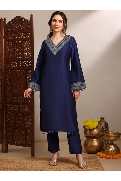 Women Blue Sequin Zari Embroidered Kurta with Pants Set