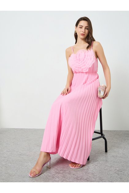 Women Pink Big Flower Detail Sleeveless Maxi Dress