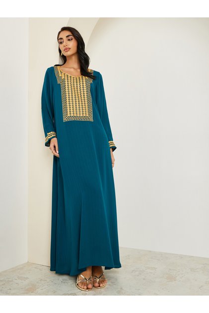 Women Blue Embroidered A-Line Jalabiya