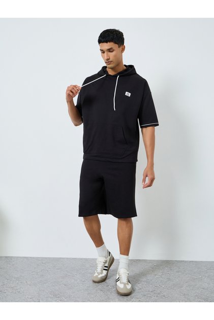 Men Black Short Sleeve Hoodie and Shorts Co-Ords
