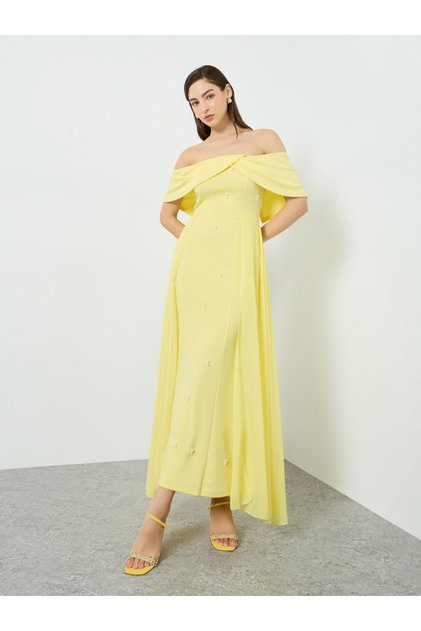 Women Yellow Faux Pearl Embellished Maxi Dress