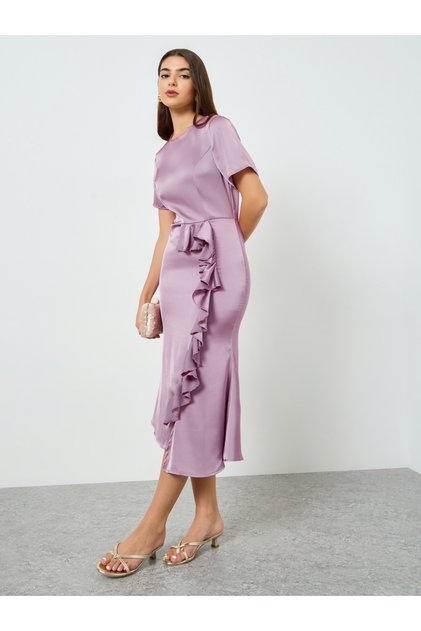 Women Lilac Ruffle Detail Sheath Midi Dress