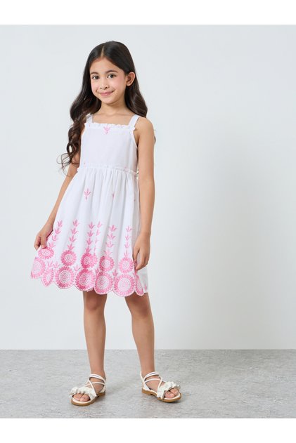 Girls White Embroidered Hem Strappy A-Line Dress