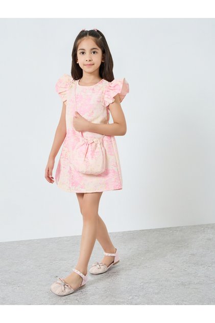 فستان قصير وردي اللون للبنات بتصميم A-Line وأكمام مكشكشة