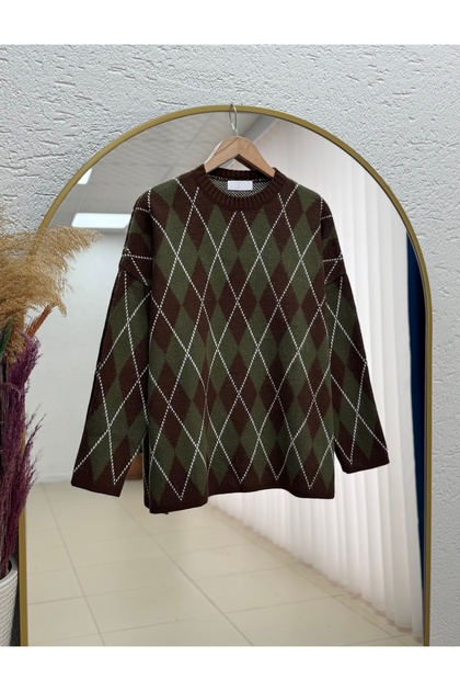 Adriana Baklava Pattern Knitwear Sweater-Zi̇5581 Khaki